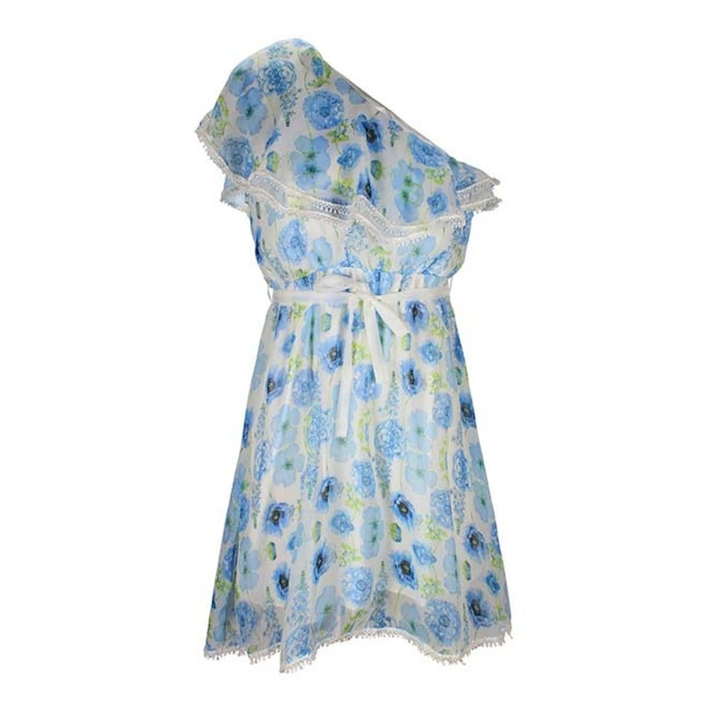 OB2-12 Blue Floral Ruffle Asymmetrical Dress